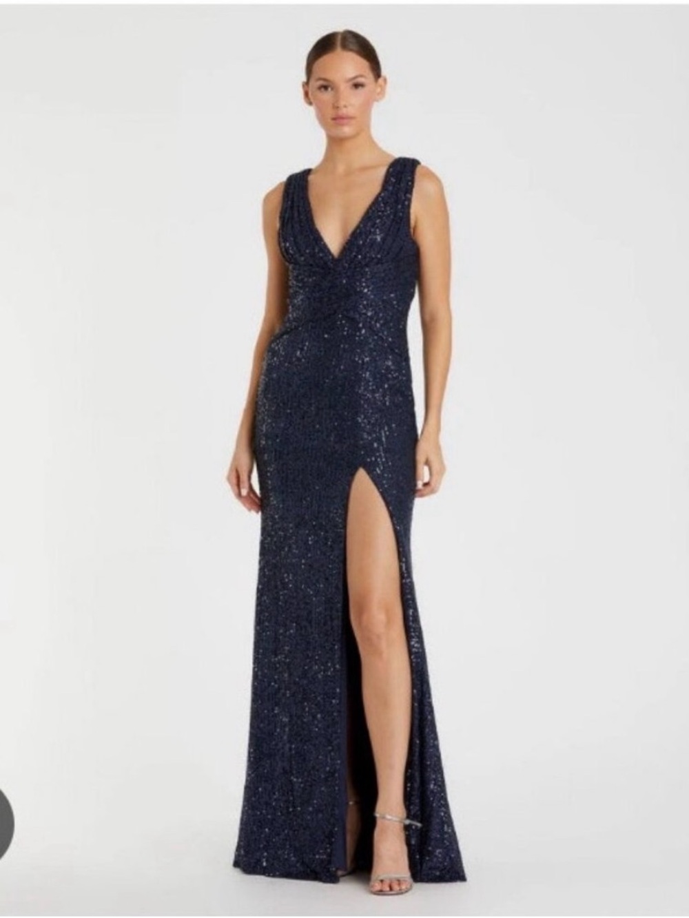 Mac Duggal Navy Blue Sequin V-Neck Slit Gown